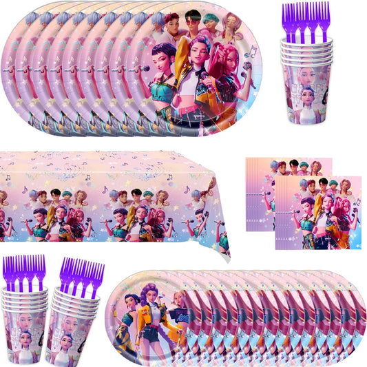 Kit de Vaisselle de Fête KPop Demon-Hunters HUNTR/X & Saja Boys - Décoration Anniversaire Thème K-Pop