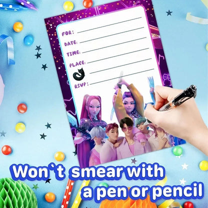 Invitations Anniversaire KPop Demon-Hunters - HUNTR/X & Saja Boys - Cartons de Fête avec Enveloppes