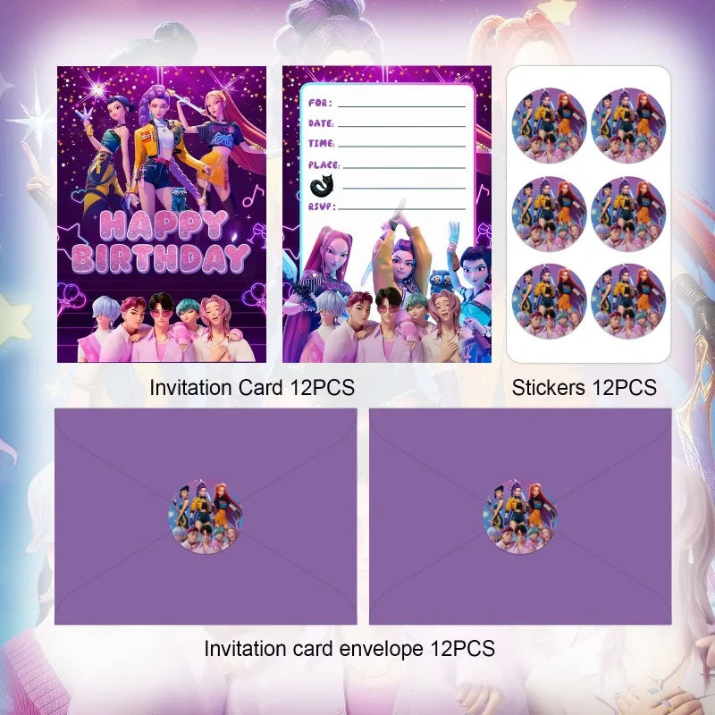 Invitations Anniversaire KPop Demon-Hunters - HUNTR/X & Saja Boys - Cartons de Fête avec Enveloppes