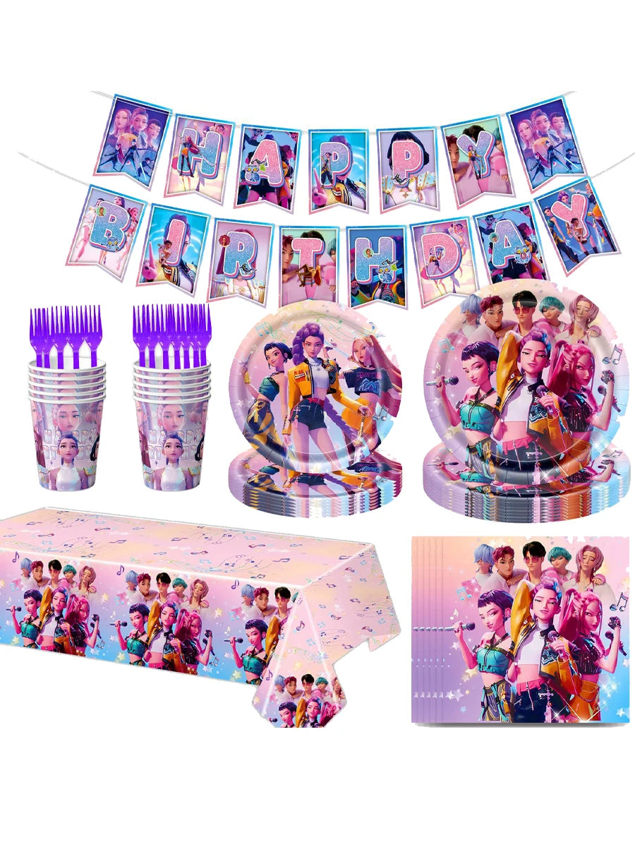 Kit de Vaisselle de Fête KPop Demon-Hunters HUNTR/X & Saja Boys - Décoration Anniversaire Thème K-Pop