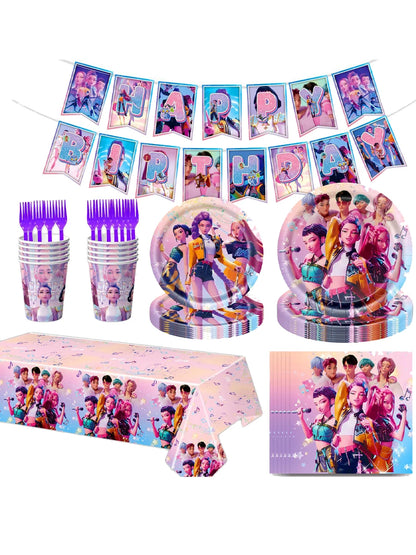 Kit de Vaisselle de Fête KPop Demon-Hunters HUNTR/X & Saja Boys - Décoration Anniversaire Thème K-Pop